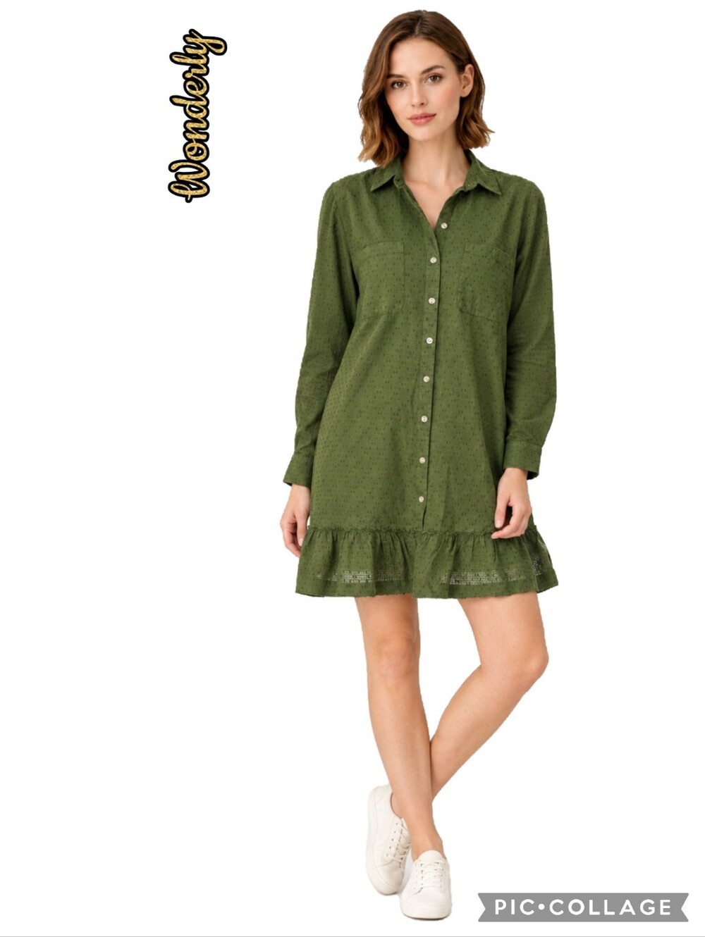Wonderly dress olive green, button down front, ruffled hem. Collar, 2 pockets